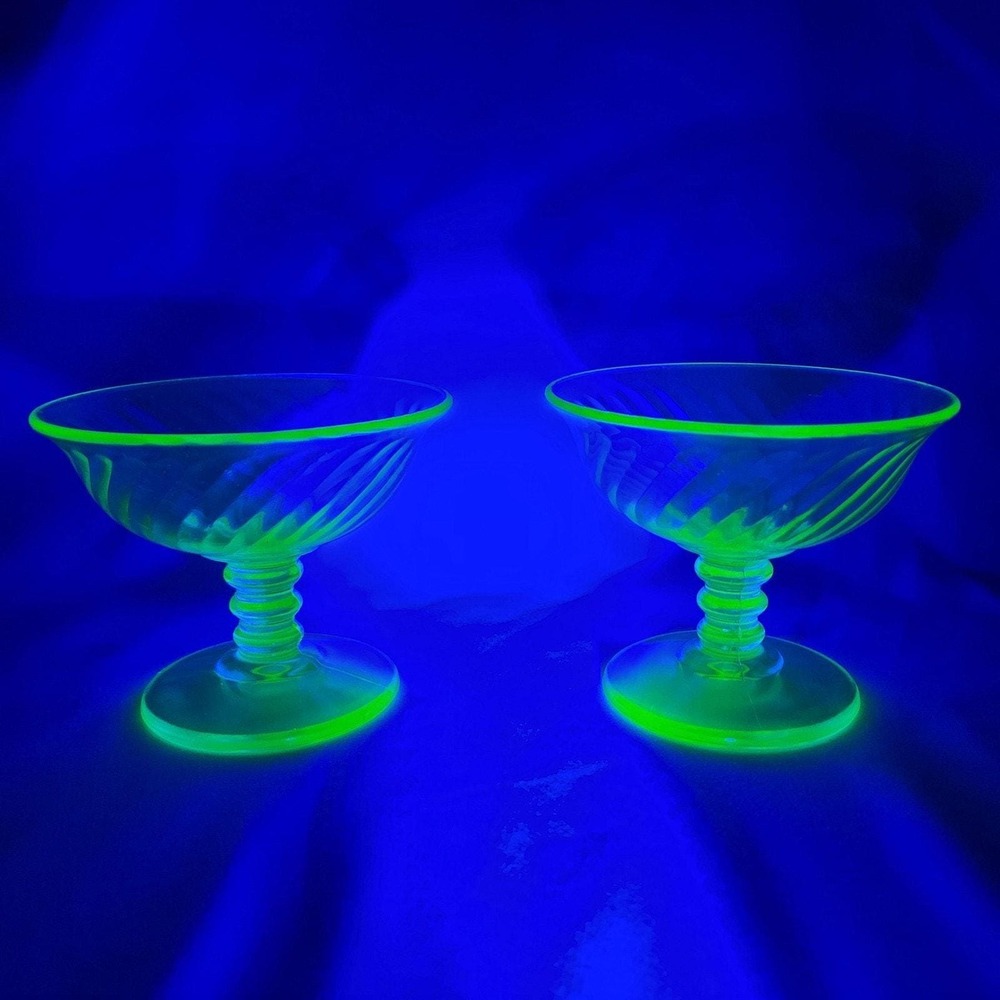 Pair of 4" Imperial Twisted Optic Champagne Sherbet Ice Cream Uranium Glass
